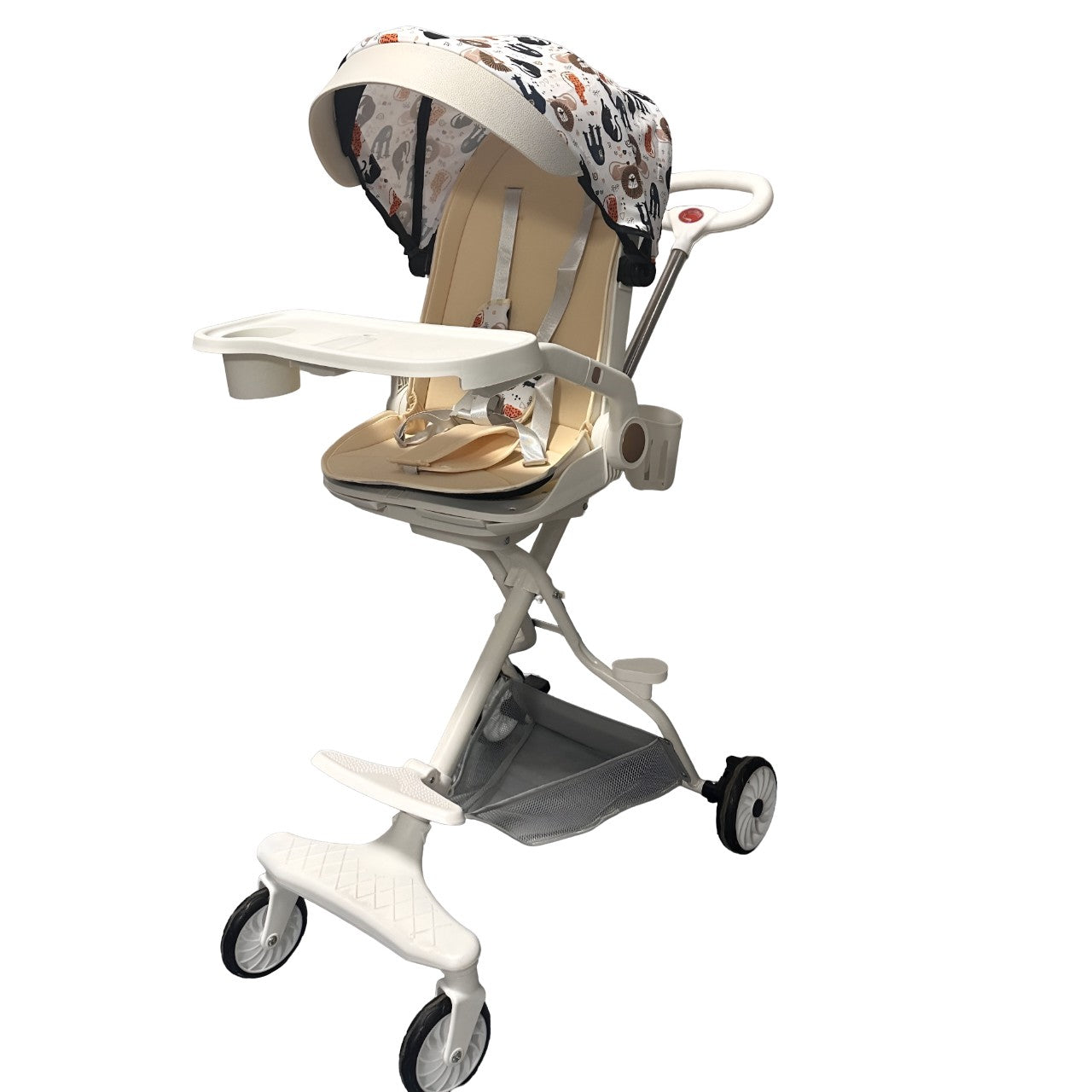Cărucior sport 3in1, 6-36 luni , reversibil, pliabil, tăviță pentru masa, roti 360 si parasolar-Model Jungle -Crem