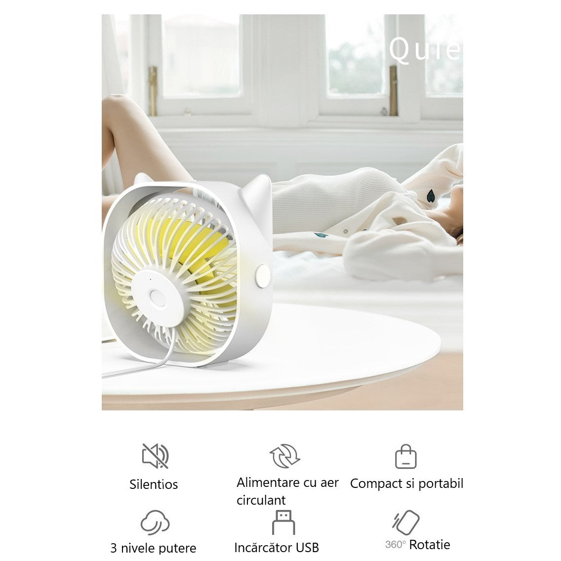 Mini Ventilator USB Maison Elise – Design Pisicuță, Super Silențios, Rotire 360°, Alb Compact