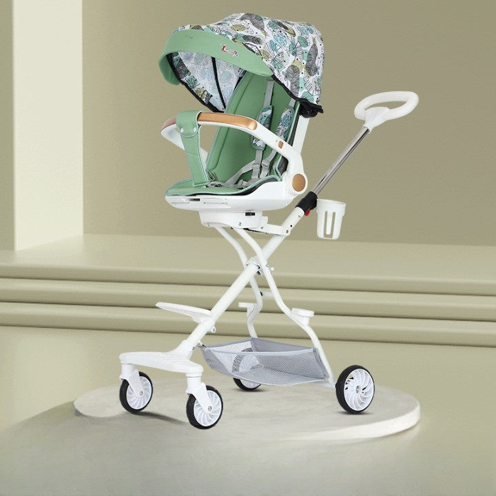Cărucior sport 3in1, 6-36 luni , reversibil, pliabil, tăviță pentru masa, roti 360 si parasolar - Model Frunze - Verde