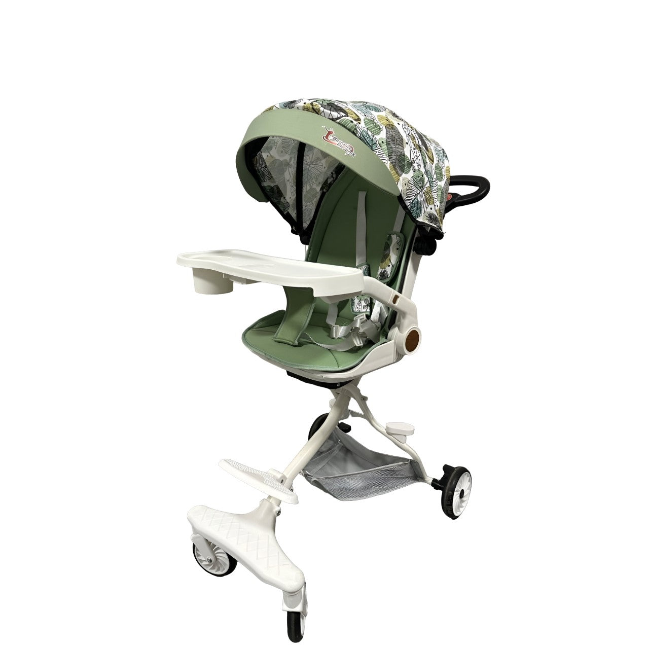 Cărucior sport 3in1, 6-36 luni , reversibil, pliabil, tăviță pentru masa, roti 360 si parasolar - Model Frunze - Verde