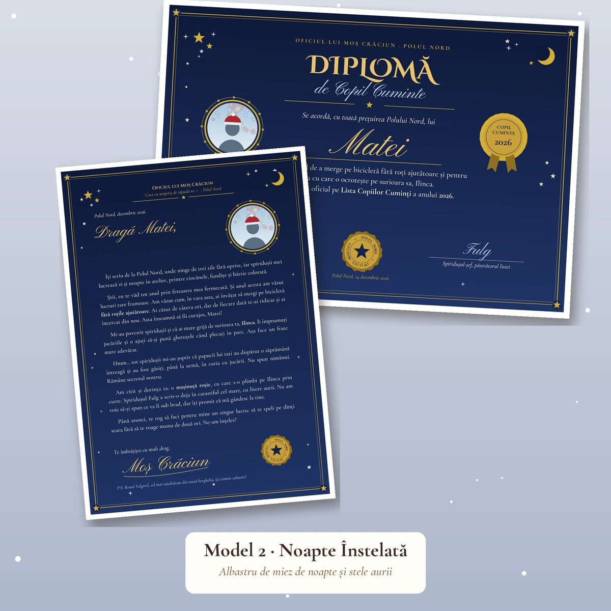 Scrisoare Personalizată de la Moș Crăciun + Diplomă de Copil Cuminte, cu Poza Copilului