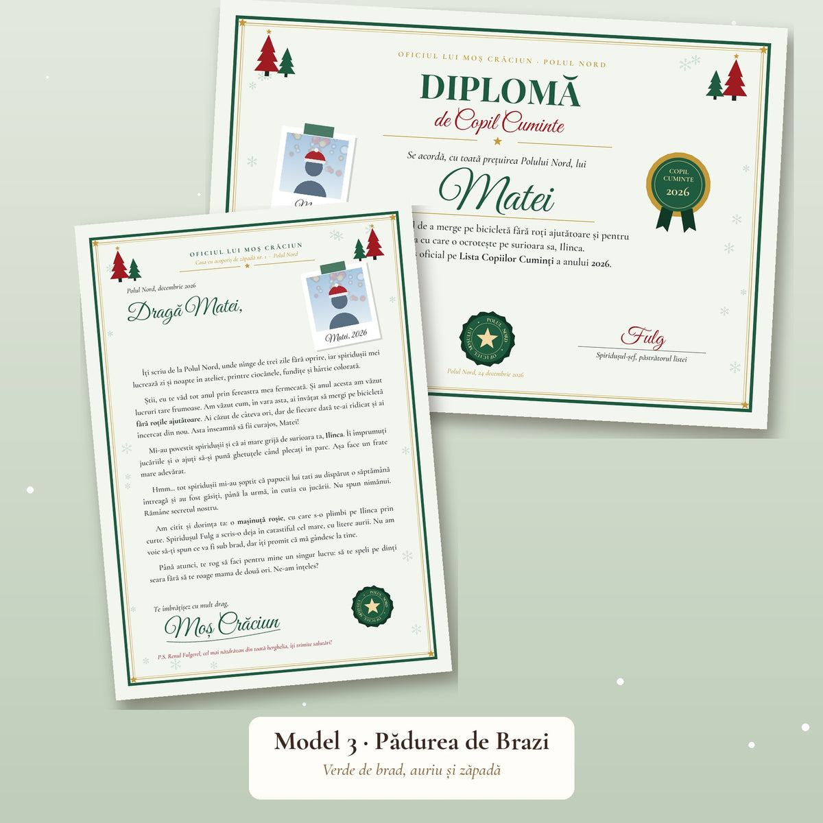 Scrisoare Personalizată de la Moș Crăciun + Diplomă de Copil Cuminte, cu Poza Copilului
