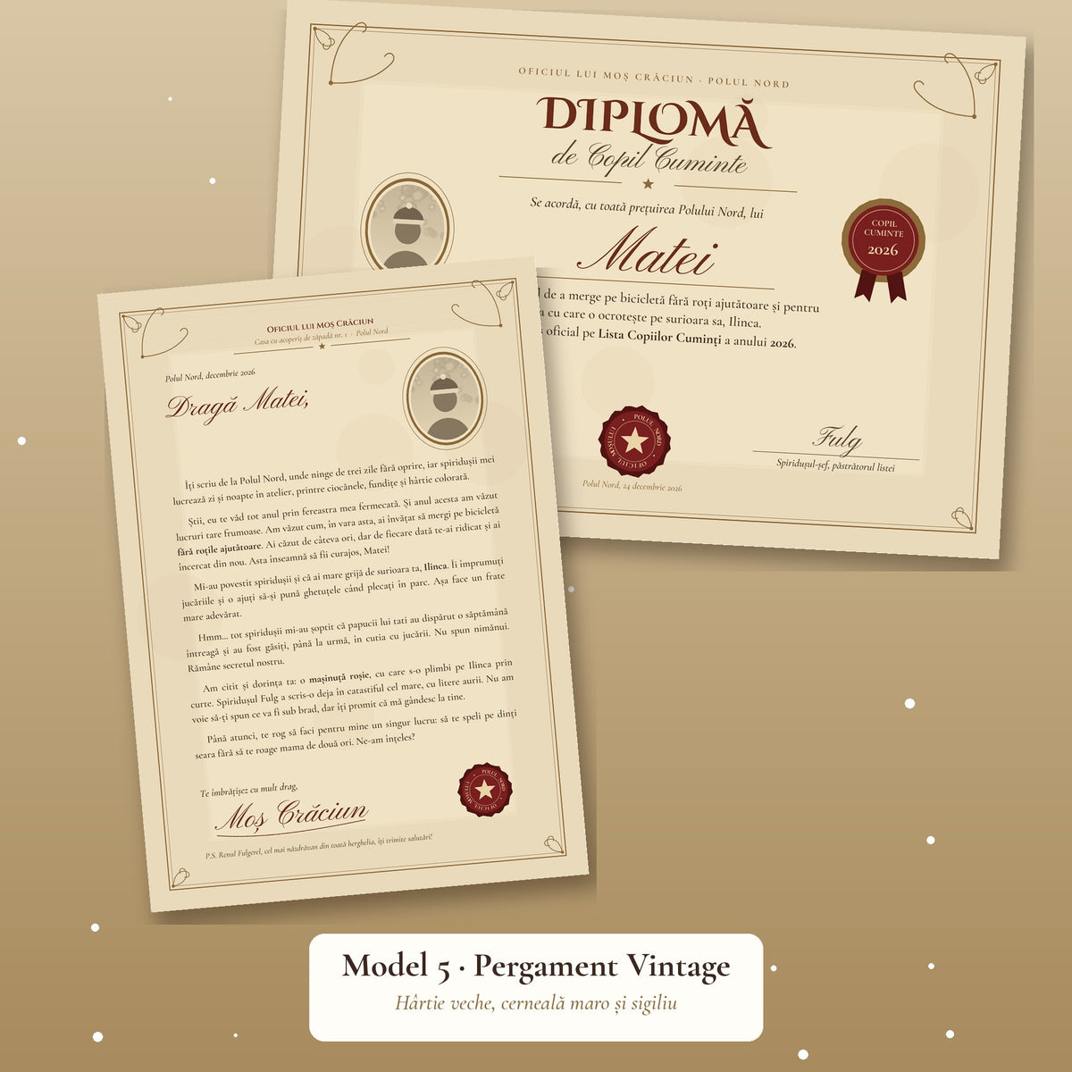 Scrisoare Personalizată de la Moș Crăciun + Diplomă de Copil Cuminte, cu Poza Copilului