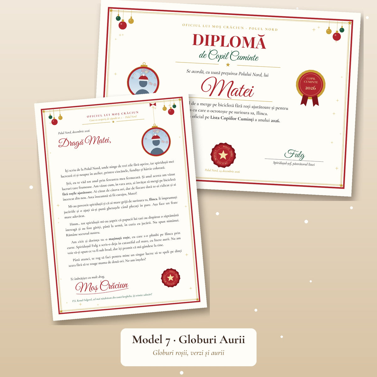 Scrisoare Personalizată de la Moș Crăciun + Diplomă de Copil Cuminte, cu Poza Copilului