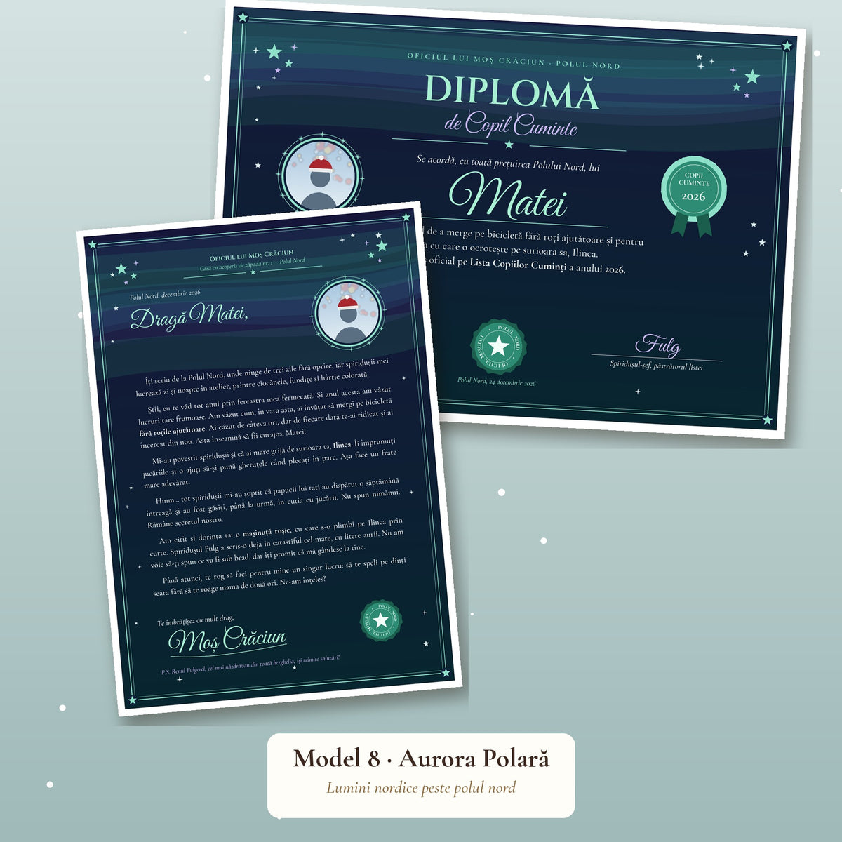 Scrisoare Personalizată de la Moș Crăciun + Diplomă de Copil Cuminte, cu Poza Copilului