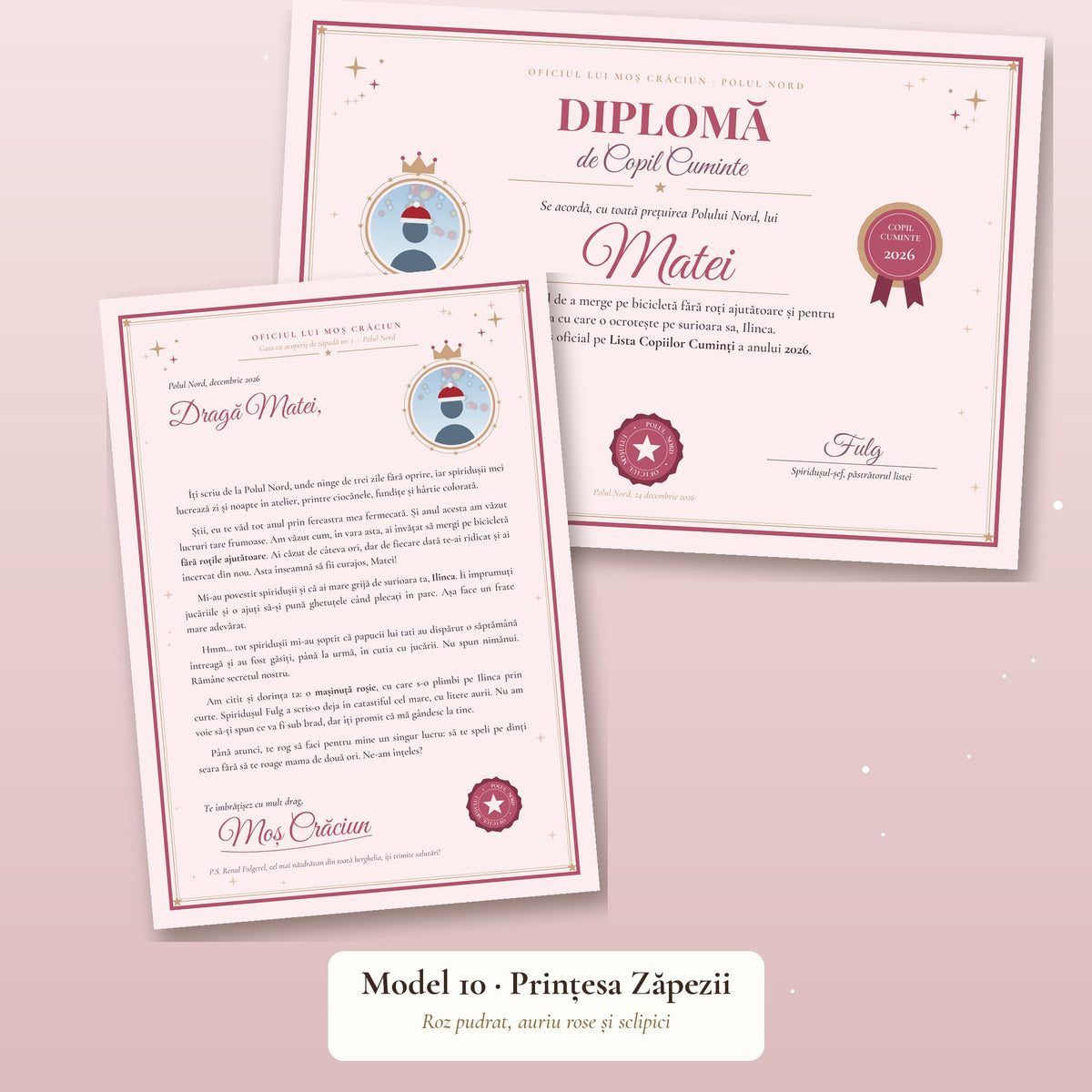 Scrisoare Personalizată de la Moș Crăciun + Diplomă de Copil Cuminte, cu Poza Copilului