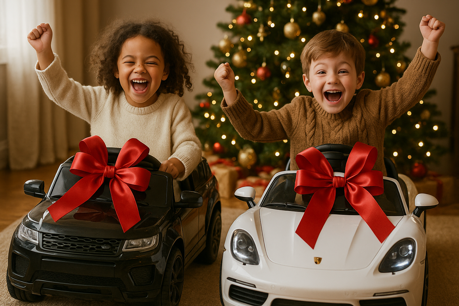 2 copii care se bucura ca au primit 2 mașinuțe electrice pentru copii sub brad cu fundițe roșii de cadou, vreau ca imaginea sa fie cât mai realista!