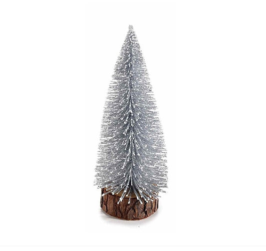 Brad Artificial de Crăciun, Ornament pentru masa, pe suport de lemn, 25 cm, Argintiu