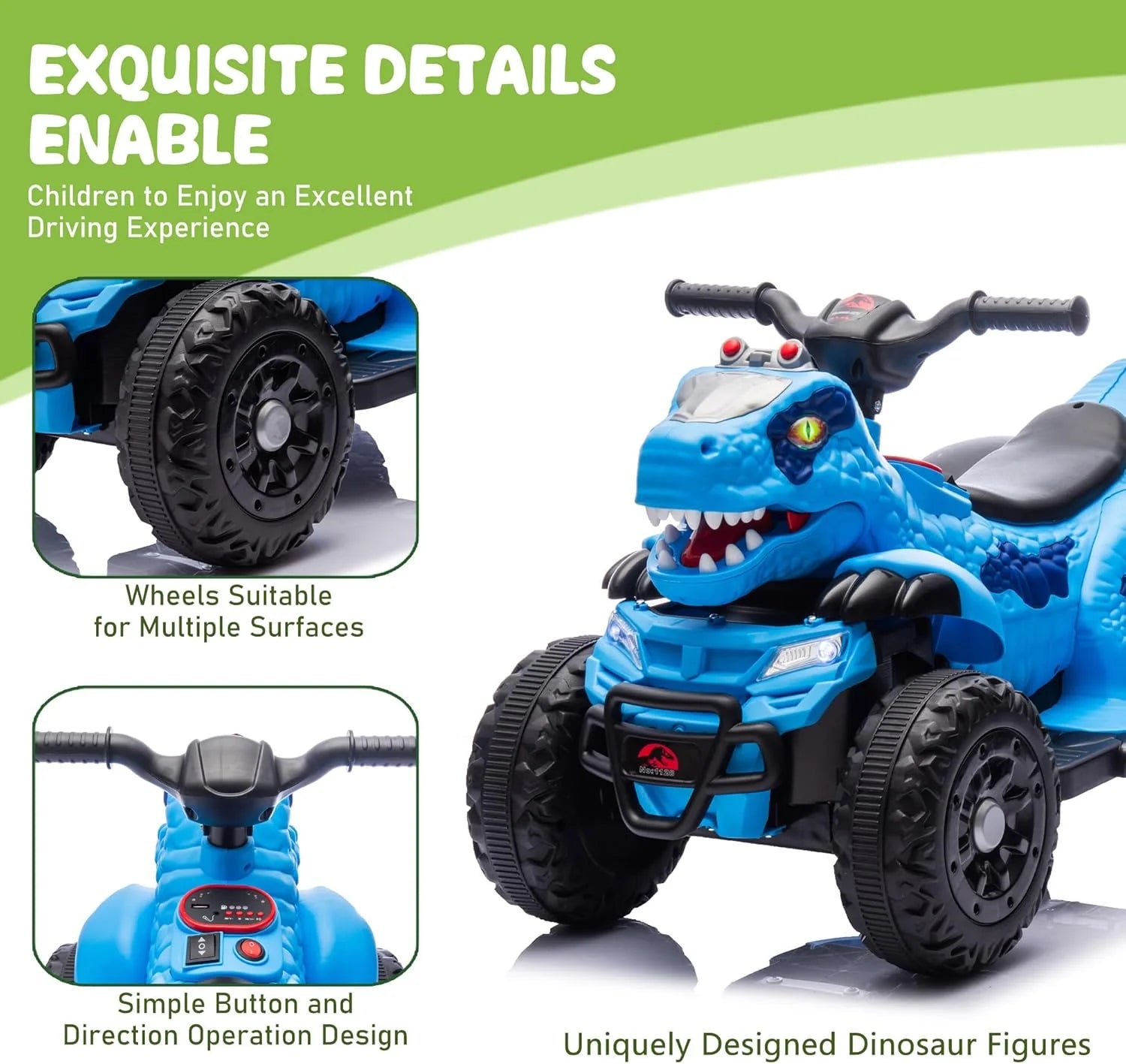 ATV electric, model dinozaur, muzica, bluetooth, varsta 1-6 ani -Albastru