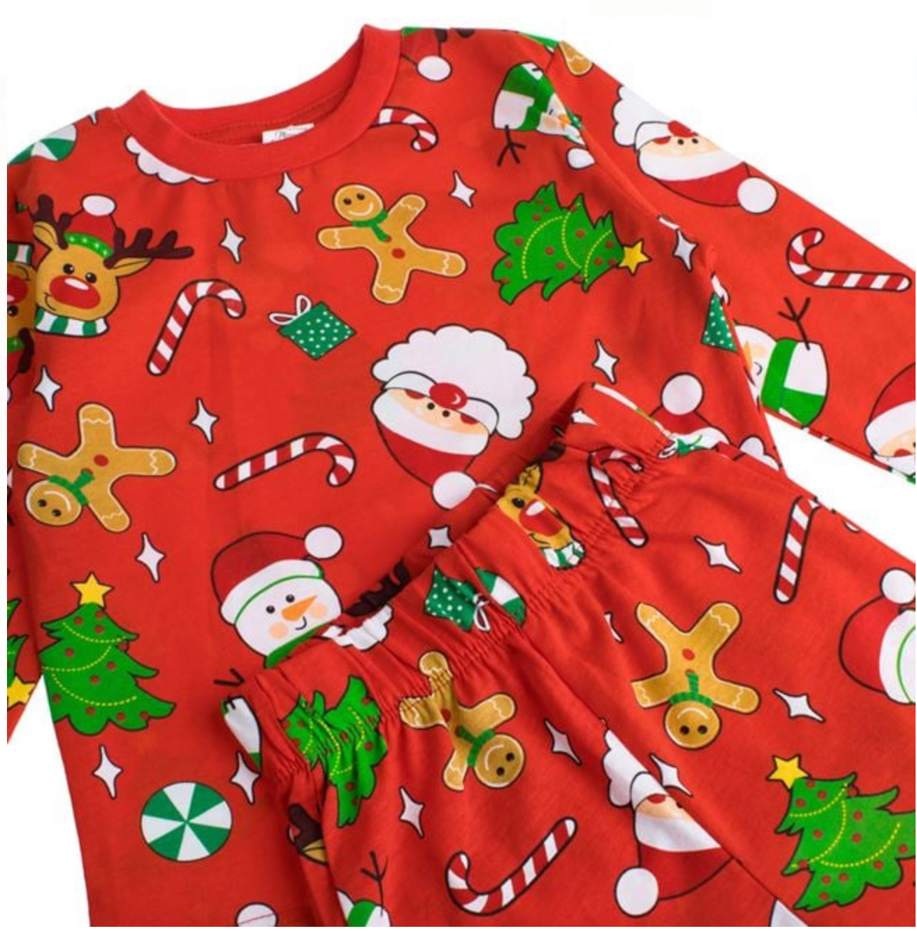 Set Pijama din Bumbac de Craciun Rosii cu Figurine pentru Copii