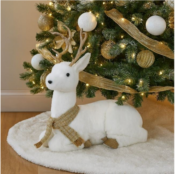 Figurina Decorativa de Crăciun Ren din Spuma Alba cu Glitter Sampaniu 45cm