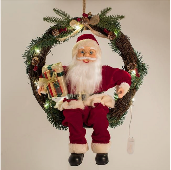 Coroniță Decorativa din Lemn cu Mos Craciun cu LED 45cm