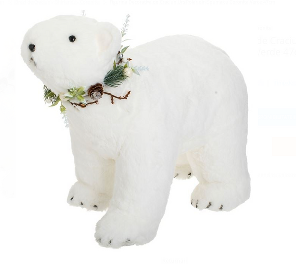 Figurina Decorativa de Craciun Urs Polar din Spuma cu Coronita Verde 47cm