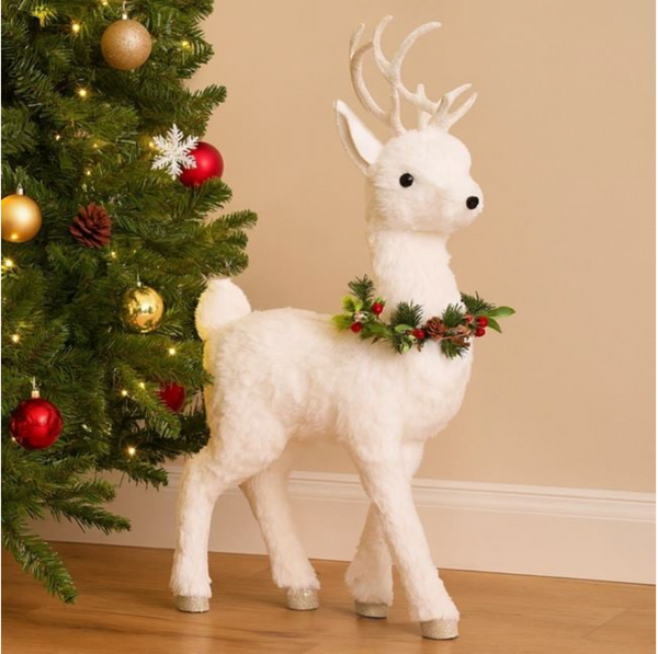 Figurina Decorativa de Craciun Ren din Spuma Alba cu Glitter & Coronita 70cm