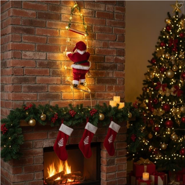 Decoratiune Suspendabila de Craciun Figurina Mos Craciun cu Scara & LED 80cm