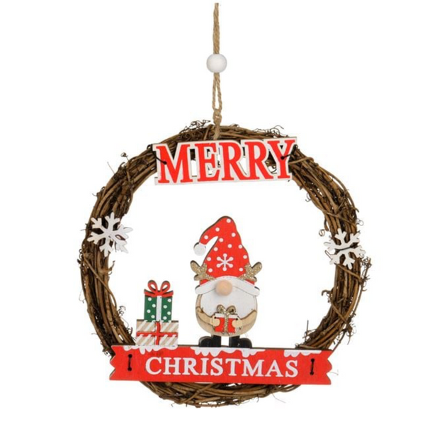 Decoratiune de Craciun din Lemn Coronita cu Figurina de Gnome Nas Pompon Ø16cm