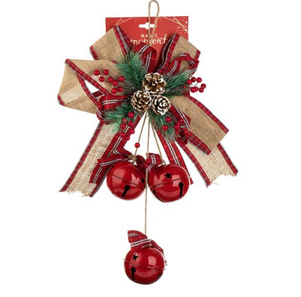 Funda Decorativa de Craciun bej cu Clopote Rosii Conuri Pomusoare 49cm