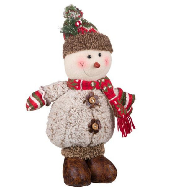 Figurina Decorativa de Craciun Om de Zapada Blana Nasturi de Lemn Caciula Fular 43cm