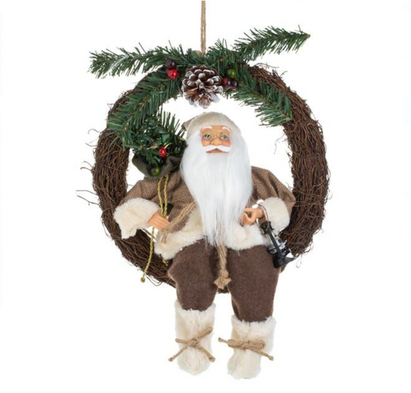 Coronita Decorativa de Craciun din Lemn cu Mos Craciun cu Haina Maro & Felinar Ø30cm