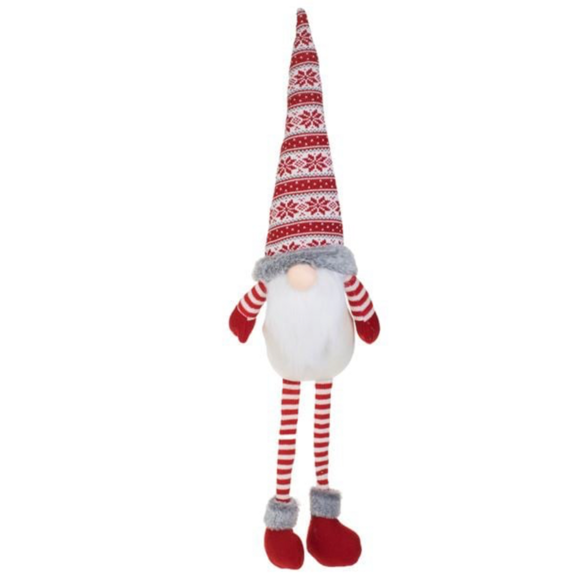 Figurina Decorativa de Craciun Gnome Asezat cu Caciula Zacquard din Imitatie de Blana 80cm