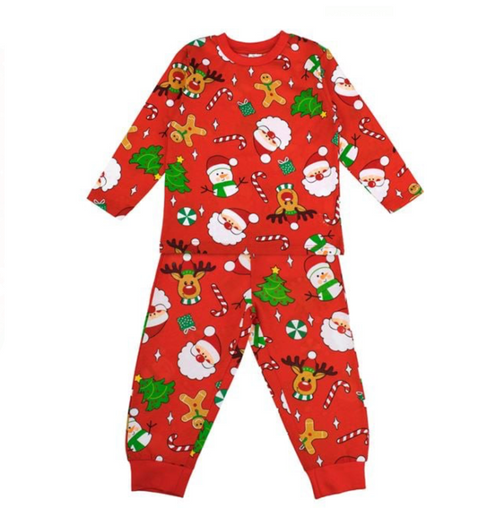 Set Pijama din Bumbac de Craciun Rosii cu Figurine pentru Copii