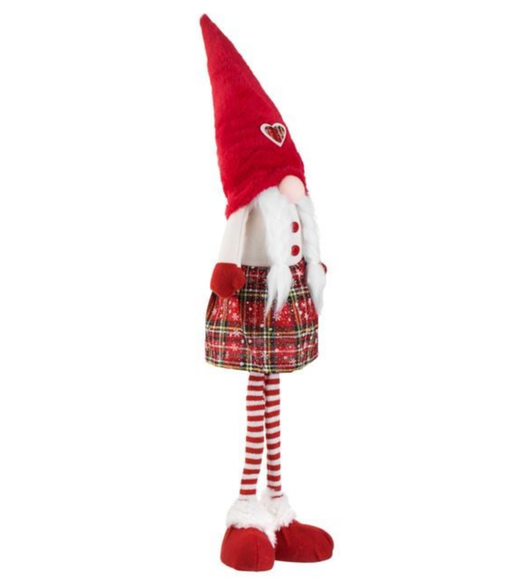 Figurina Decorativa de Craciun Gnome cu Codite Rochie Rosie & Caciula 80cm