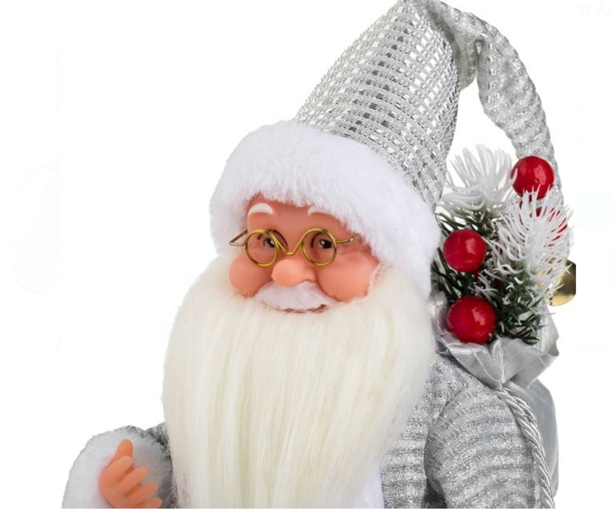 Jucarie Interactiva Figurina Mos Craciun cu Haine Argintii Miscare & Sunet 30cm