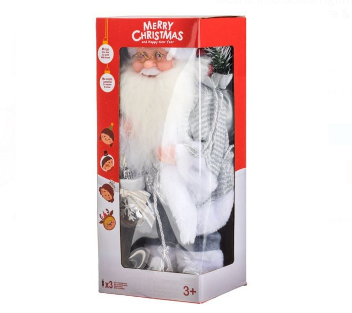 Jucarie Interactiva Figurina Mos Craciun cu Haine Argintii Miscare & Sunet 30cm
