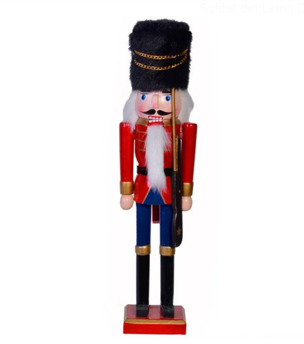 Soldat din Lemn Decorativ de Craciun Uniforma Rosie Albastra Caciula Neagra de Blana 38cm