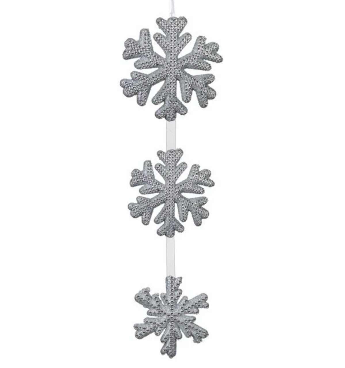 Decoratiune de Craciun Suspendata 3 Fulgi Albi Argintii cu Glitter 63cm