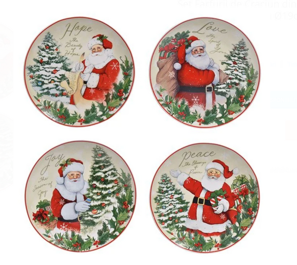 Set Farfurii de Craciun din Portelan cu Model Vintage Mos Craciun Ø19cm - 4buc