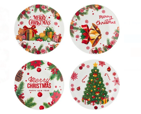 Set Farfurii de Craciun din Portelan cu Modele "Merry Christmas" pentru Fructe Ø19cm - 4buc