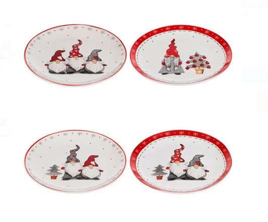 Set Farfurii din Portelan de Craciun cu Model Gnome Ø19cm - 4buc