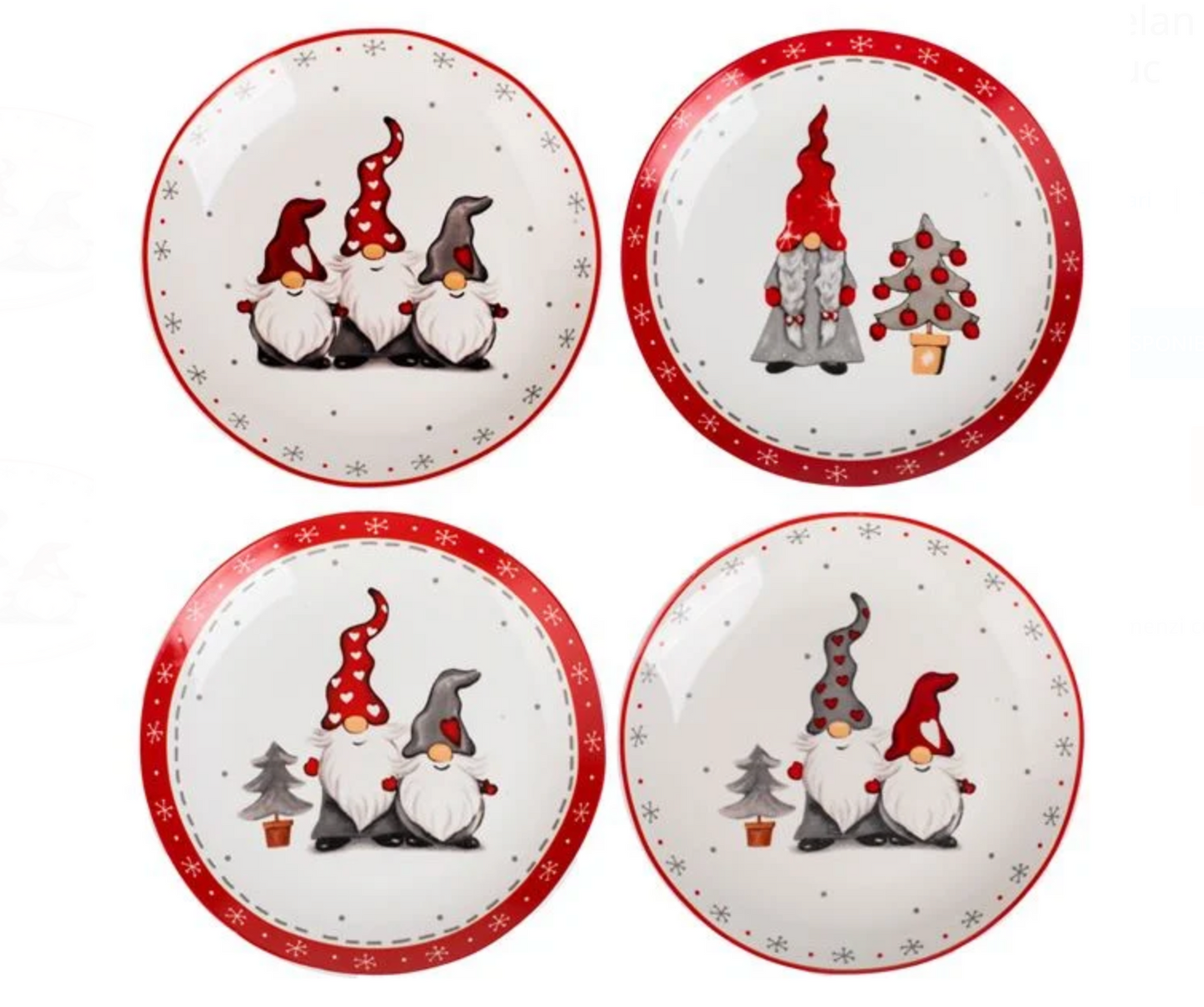 Set Farfurii din Portelan de Craciun cu Model Gnome Ø19cm - 4buc