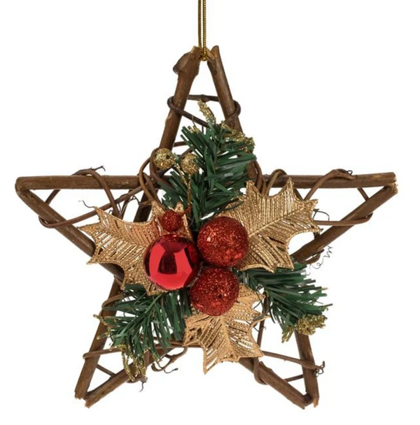 Decoratiune de Craciun Stea cu Ramuri de Pin Craciunita & Globuri 20cm