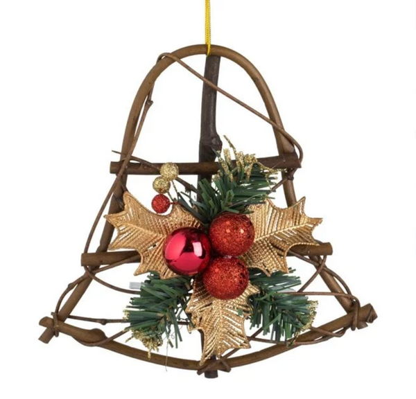 Clopot Decorativ de Craciun Ramura de Pin Vasc Auriu cu Globuri Rosii 21cm