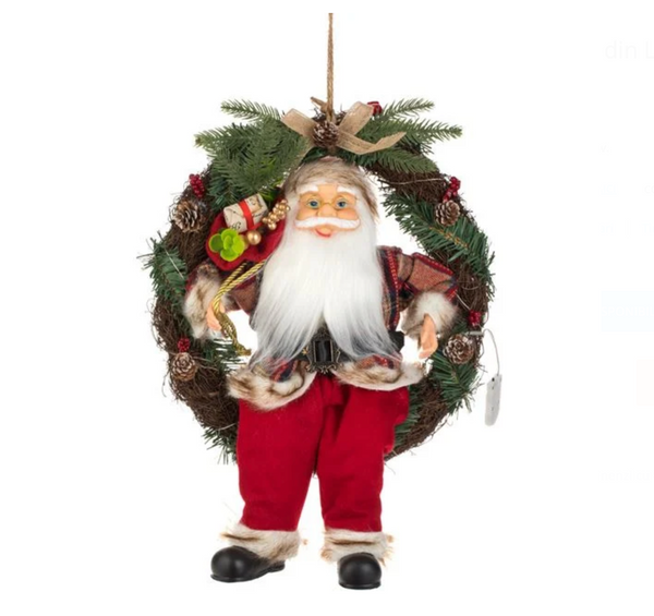 Coronita Decorativa din Lemn cu Mos Craciun & LED 45cm