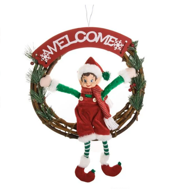 Coronita din Lemn Decorativa de Craciun cu Spiridus "Welcome" Ø33cm