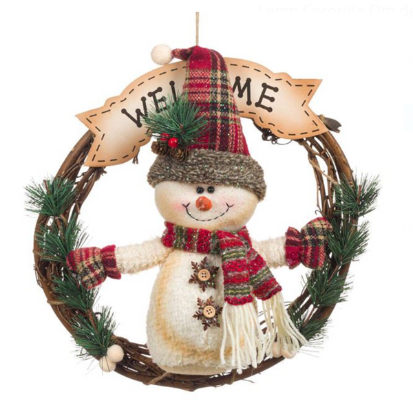 Decoratiune Suspendabila de Craciun din Lemn Coronita Om de Zapada Welcome 35cm