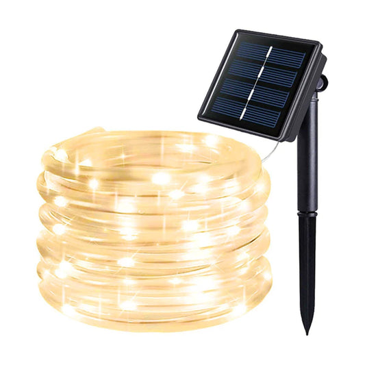 Instalație de Crăciun Solara tip furtun, 300 LED-uri, 32m, 8 jocuri de lumini, Lumina Alb Cald