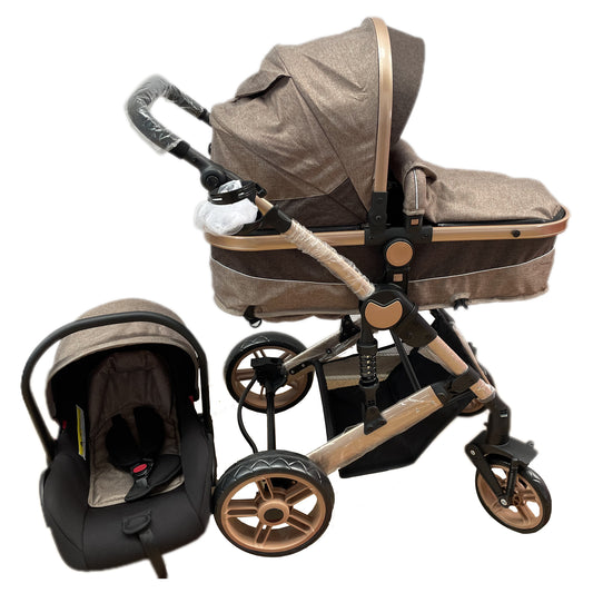 Carucioru 3in1 cu landou transformabil in parte spor, 0-36 luni, Crem, Geanta si Scoica Incluse