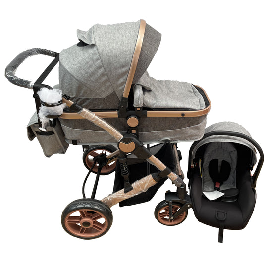 Carucioru 3in1 cu landou transformabil in parte spor, 0-36 luni, Gri, Geanta si Scoica Incluse