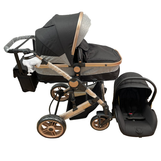 Carucioru 3in1 cu landou transformabil in parte spor, 0-36 luni, Negru, Geanta si Scoica incluse