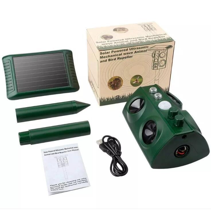 Aparat solar LED cu ultrasunete , repelent pentru animale mări si mici, lumina roșie si alba , anti rozătoare, anti insecte , frecventa 13.5 Khz-45 Khz