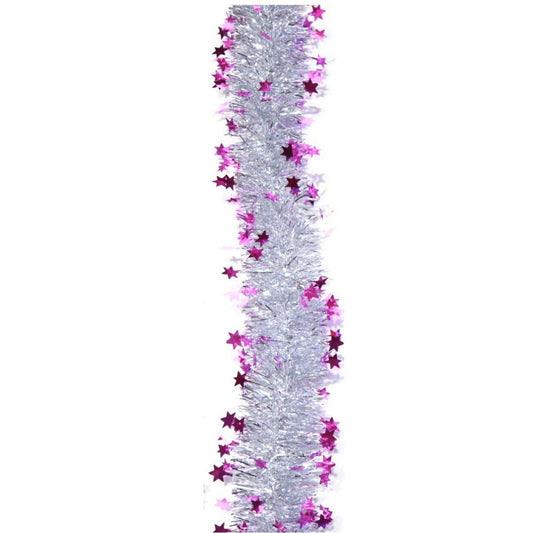 Beteală de Crăciun cu LED, 2 m, 5 cm grosime, PVC, model cu steluțe, artificială, mov/argintiu
