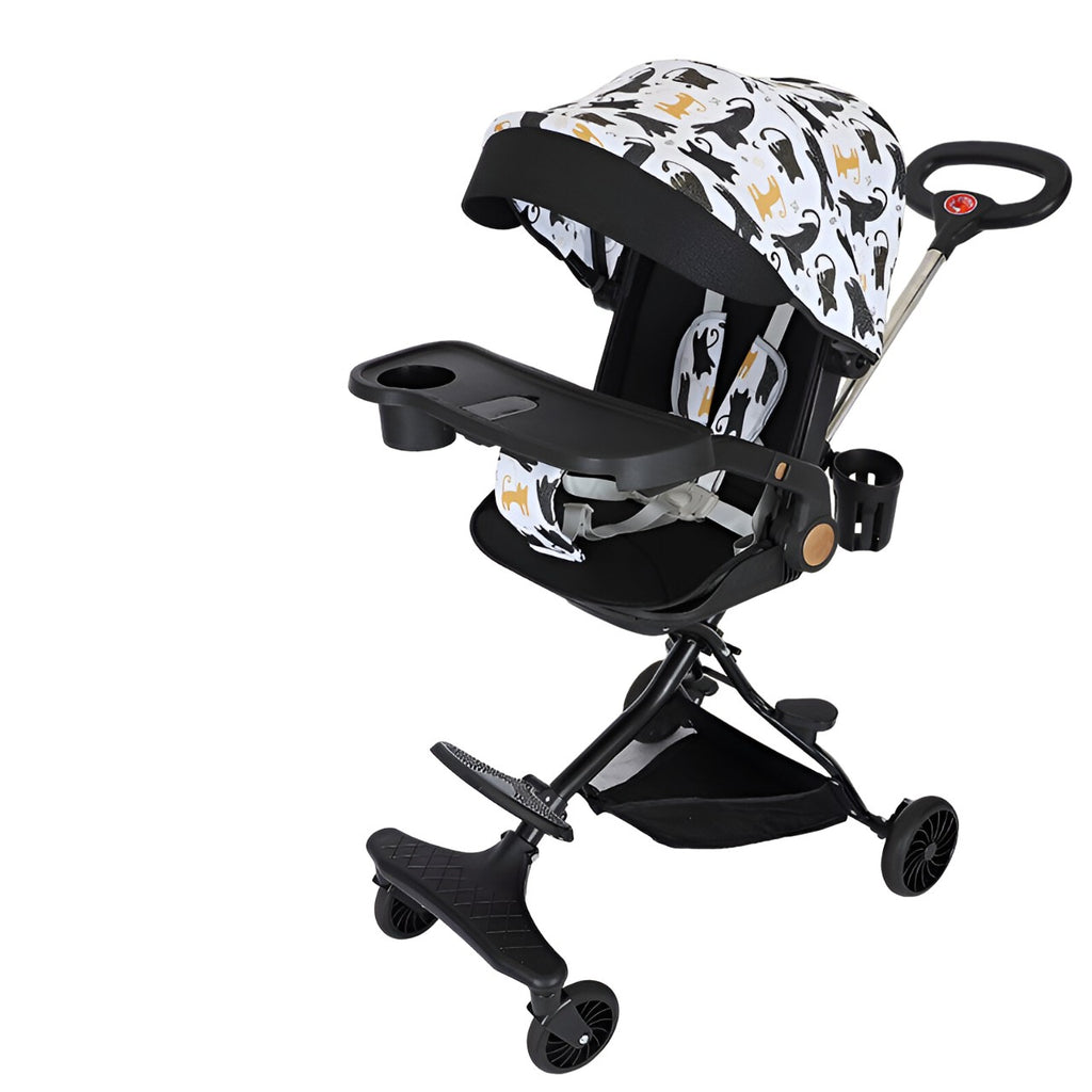 Cărucior sport 3in1, 6-36 luni , reversibil, pliabil, tăviță pentru masa, roti 360 si parasolar-Model Pisicute-Negru