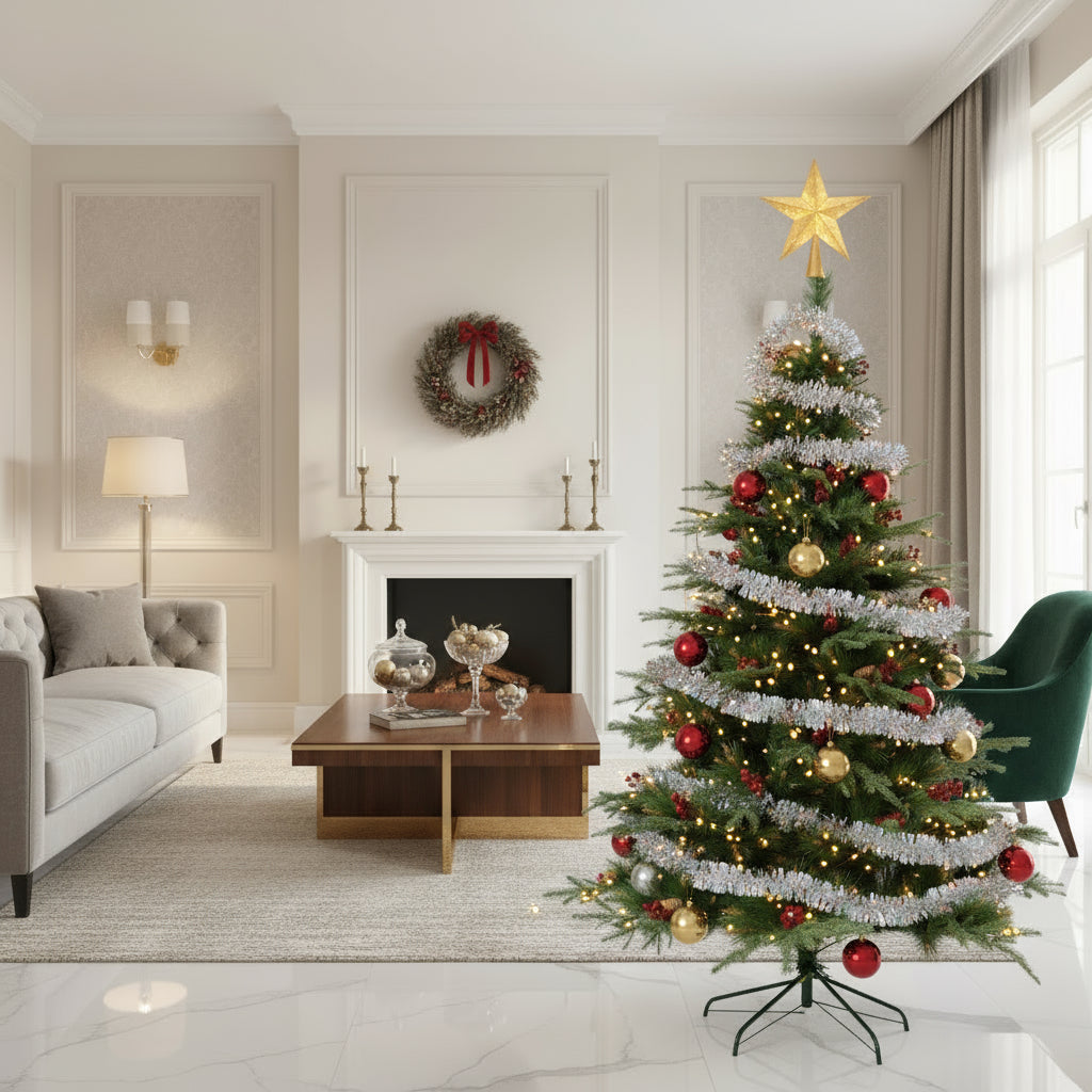 Brad artificial cu ace 2D si 3D, decorat cu conuri de pin 150 cm, 323 ramuri, suport metalic inclus