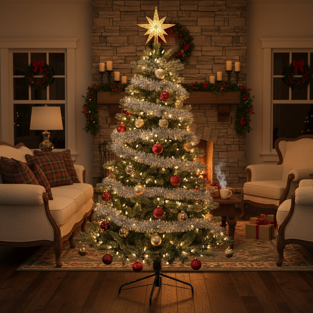 Brad artificial cu vârfuri 2D, decorat cu conuri si merișoare ,210 cm înălțime , 137 cm diametru, 1172 ramuri, suport metalic inclus