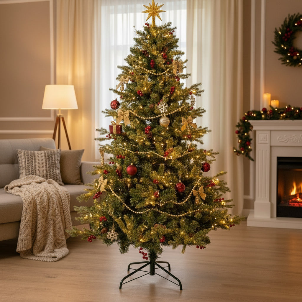 Brad artificial cu vârfuri 2D, decorat cu conuri si merișoare ,210 cm înălțime , 137 cm diametru, 1172 ramuri, suport metalic inclus