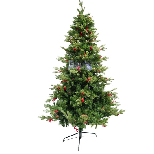 Brad artificial decorat cu conuri si merișoare ,210 cm înălțime , 137 cm diametru, 1172 ramuri, suport metalic inclus